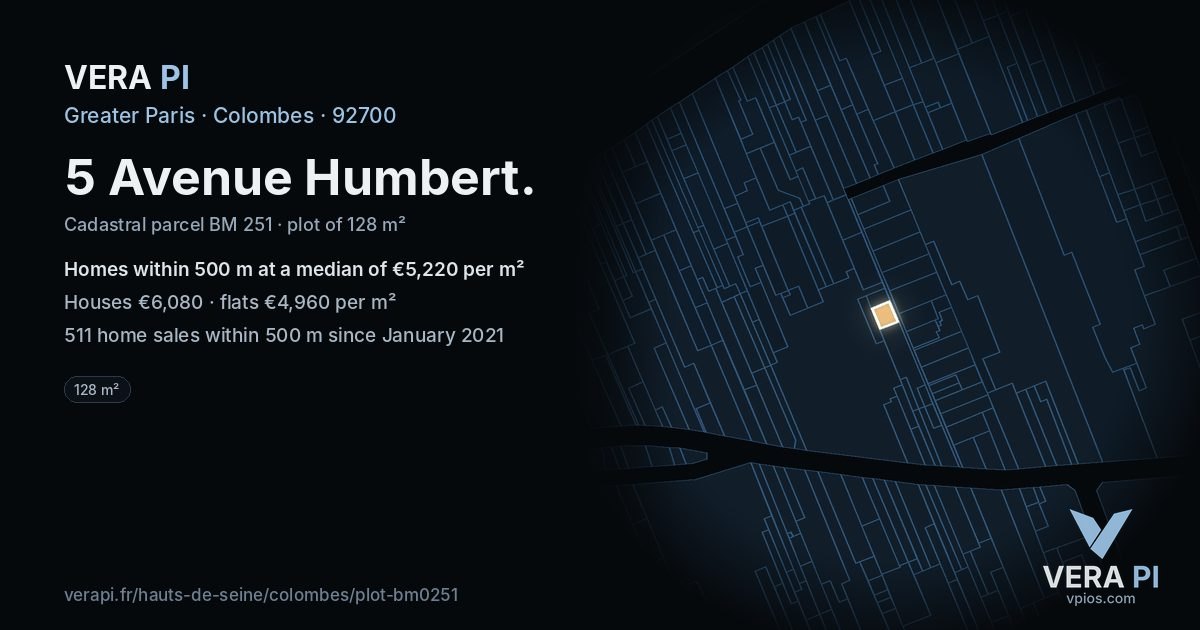 5 Avenue Humbert, Colombes at night – the plot lit, the parcels around coloured by the prices near them