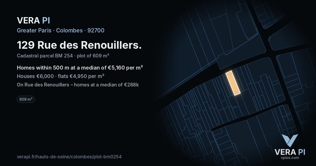 129 Rue des Renouillers, Colombes at night – the plot lit, the parcels around coloured by the prices near them