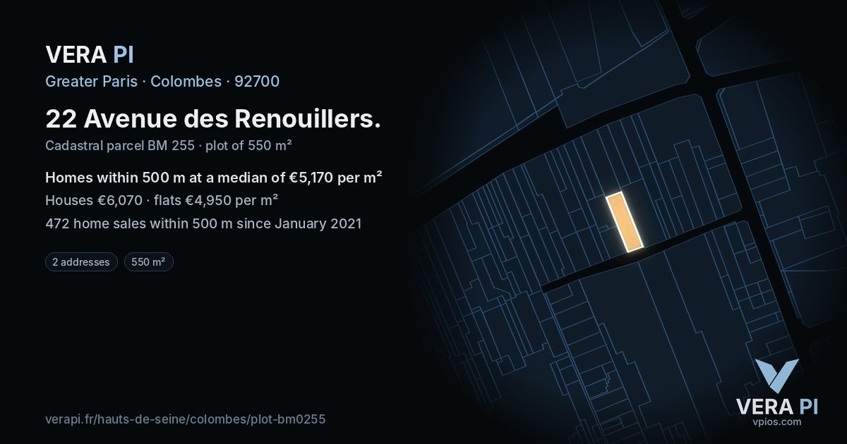 22 Avenue des Renouillers, Colombes at night – the plot lit, the parcels around coloured by the prices near them