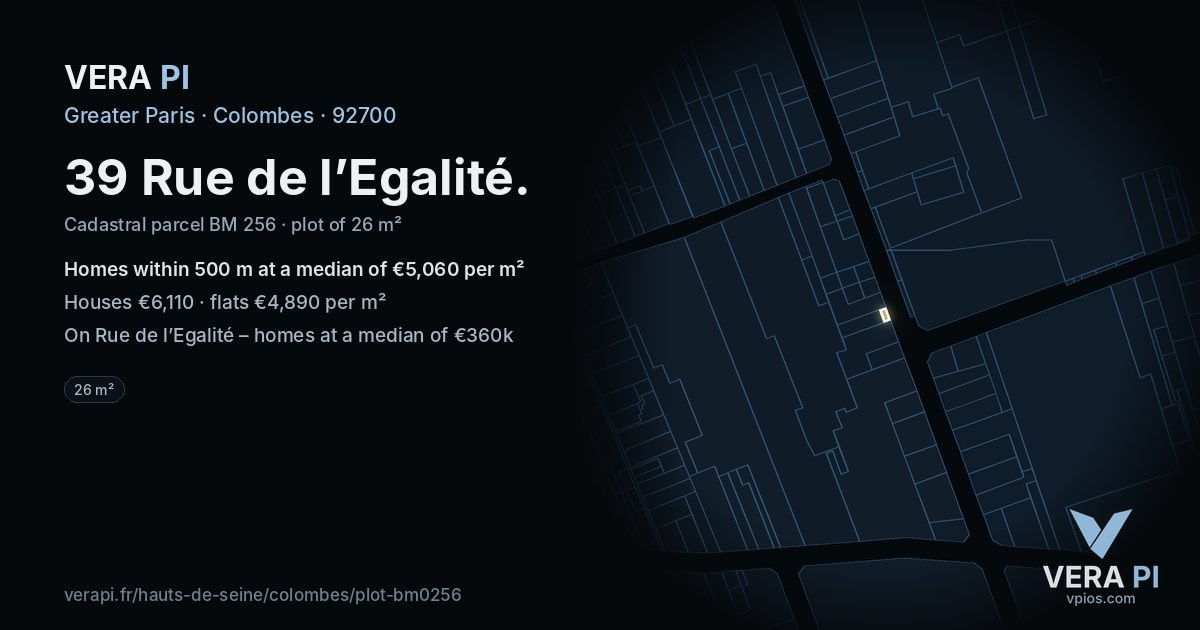 39 Rue de l’Egalité, Colombes at night – the plot lit, the parcels around coloured by the prices near them