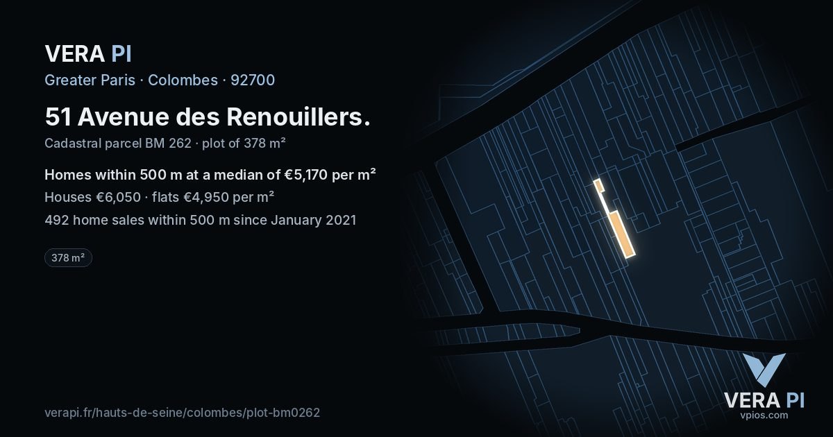 51 Avenue des Renouillers, Colombes at night – the plot lit, the parcels around coloured by the prices near them