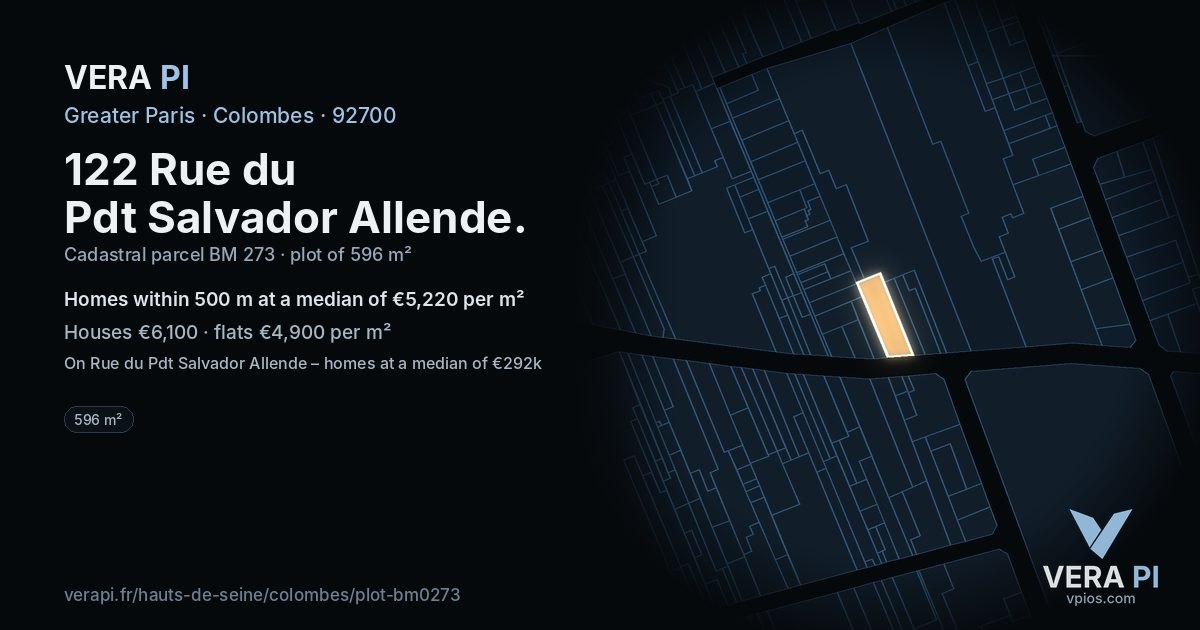 122 Rue du Pdt Salvador Allende, Colombes at night – the plot lit, the parcels around coloured by the prices near them