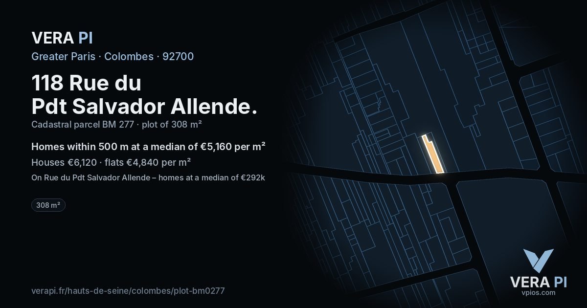 118 Rue du Pdt Salvador Allende, Colombes at night – the plot lit, the parcels around coloured by the prices near them