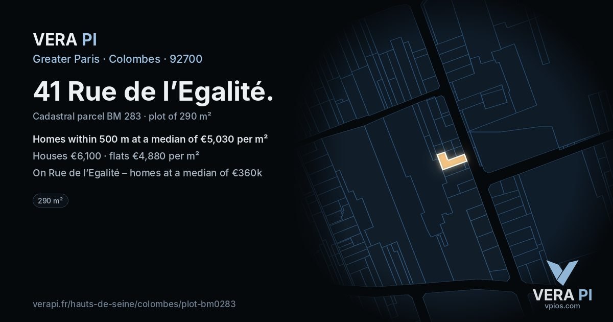 41 Rue de l’Egalité, Colombes at night – the plot lit, the parcels around coloured by the prices near them