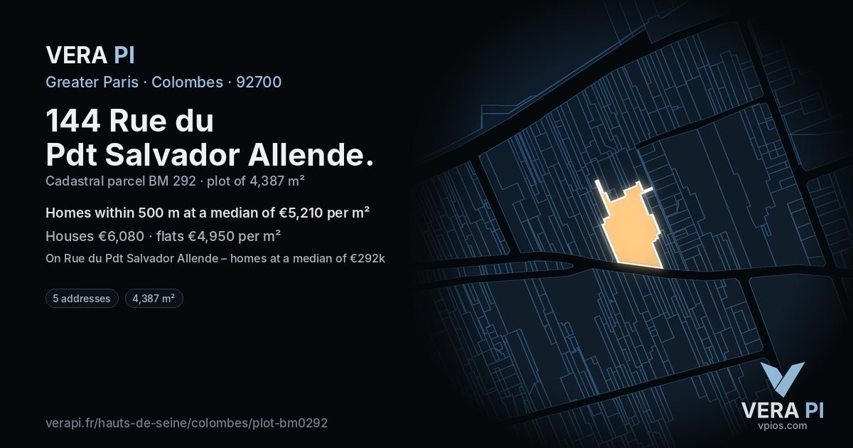 144 Rue du Pdt Salvador Allende, Colombes at night – the plot lit, the parcels around coloured by the prices near them