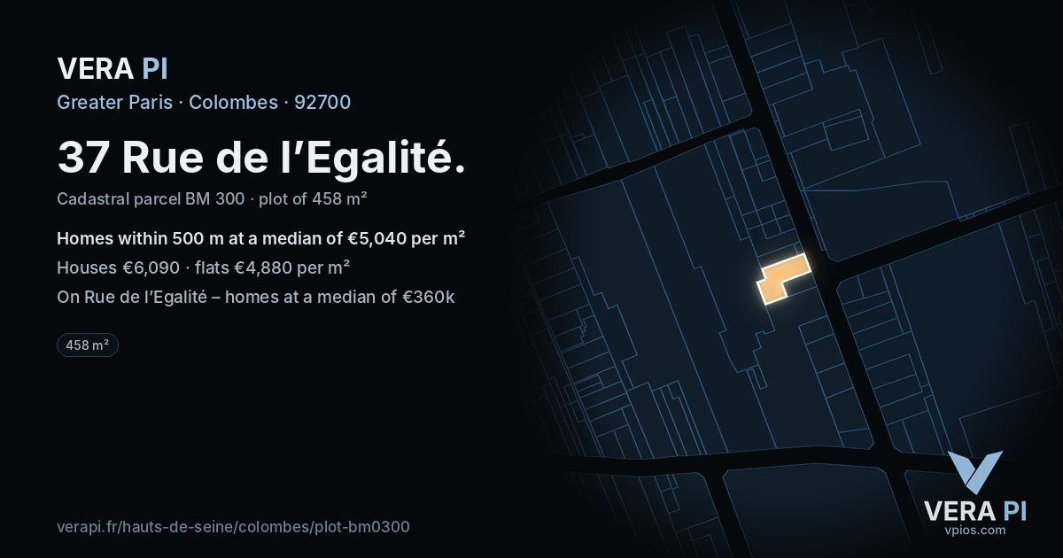 37 Rue de l’Egalité, Colombes at night – the plot lit, the parcels around coloured by the prices near them