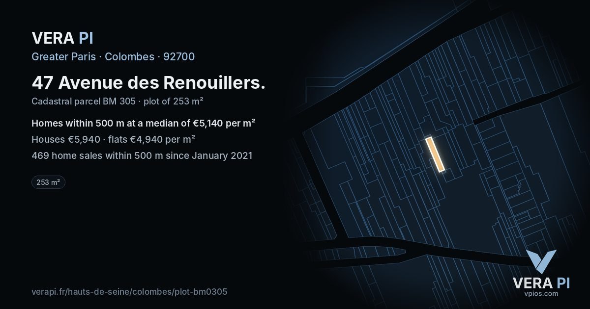 47 Avenue des Renouillers, Colombes at night – the plot lit, the parcels around coloured by the prices near them