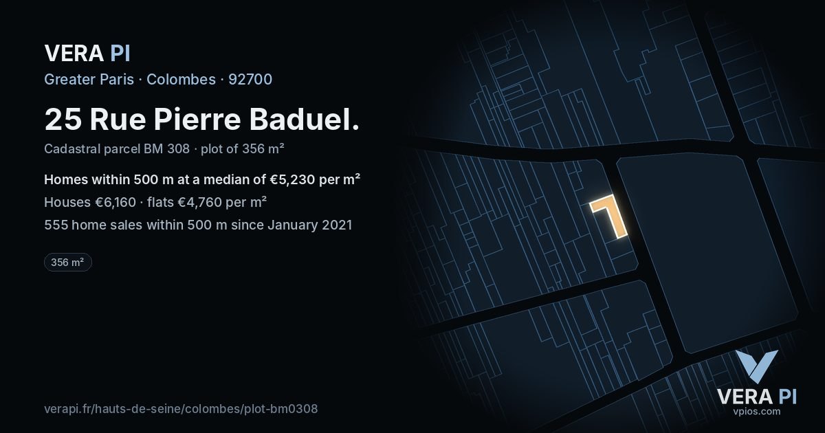 25 Rue Pierre Baduel, Colombes at night – the plot lit, the parcels around coloured by the prices near them