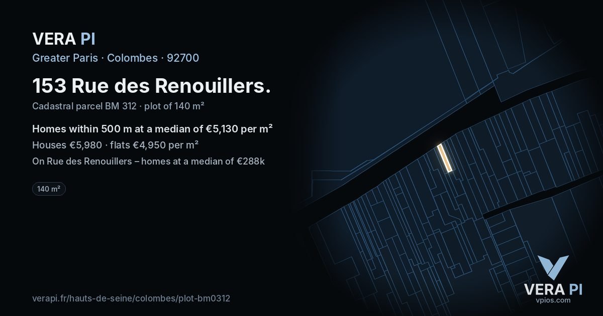 153 Rue des Renouillers, Colombes at night – the plot lit, the parcels around coloured by the prices near them