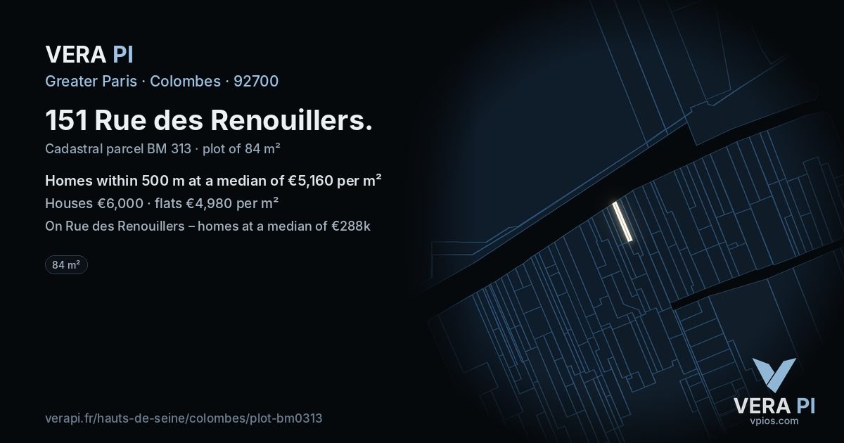 151 Rue des Renouillers, Colombes at night – the plot lit, the parcels around coloured by the prices near them