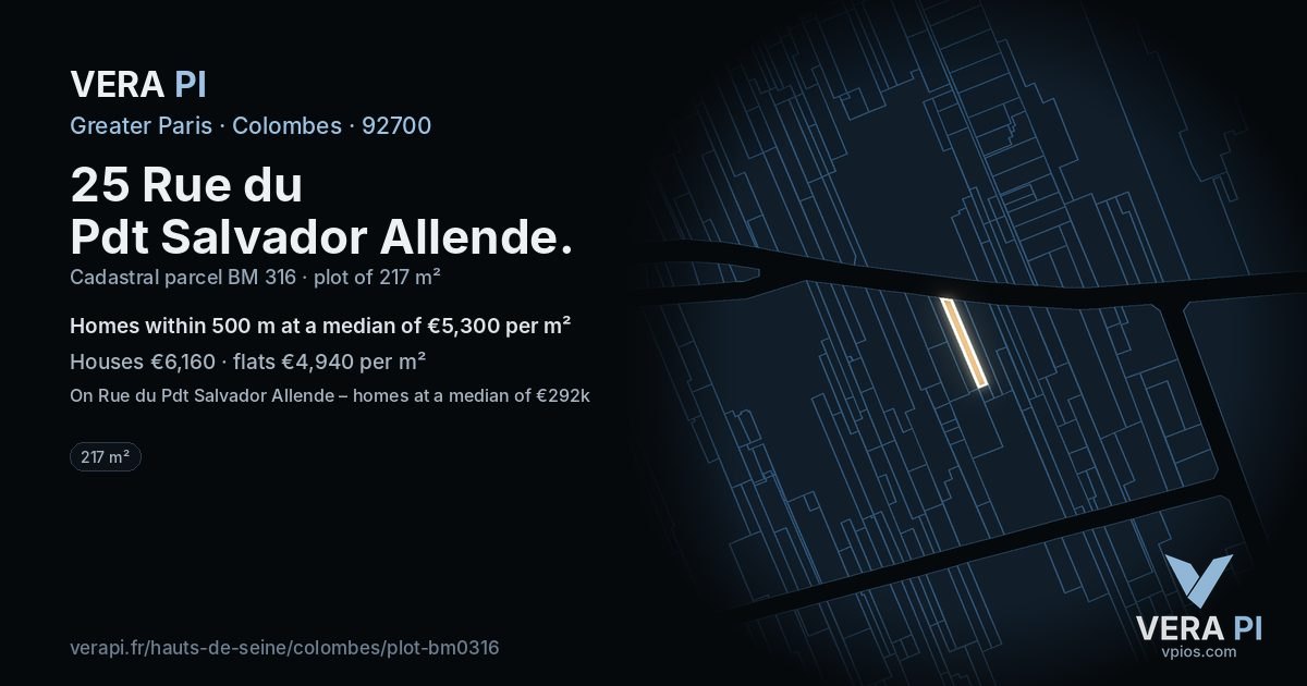 25 Rue du Pdt Salvador Allende, Colombes at night – the plot lit, the parcels around coloured by the prices near them