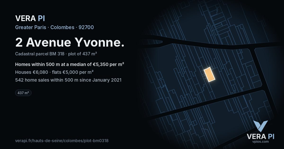 2 Avenue Yvonne, Colombes at night – the plot lit, the parcels around coloured by the prices near them