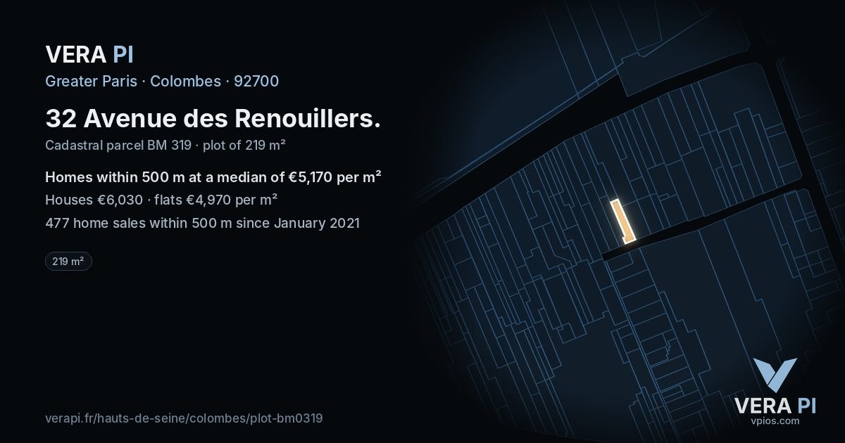 32 Avenue des Renouillers, Colombes at night – the plot lit, the parcels around coloured by the prices near them