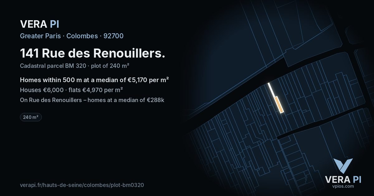 141 Rue des Renouillers, Colombes at night – the plot lit, the parcels around coloured by the prices near them