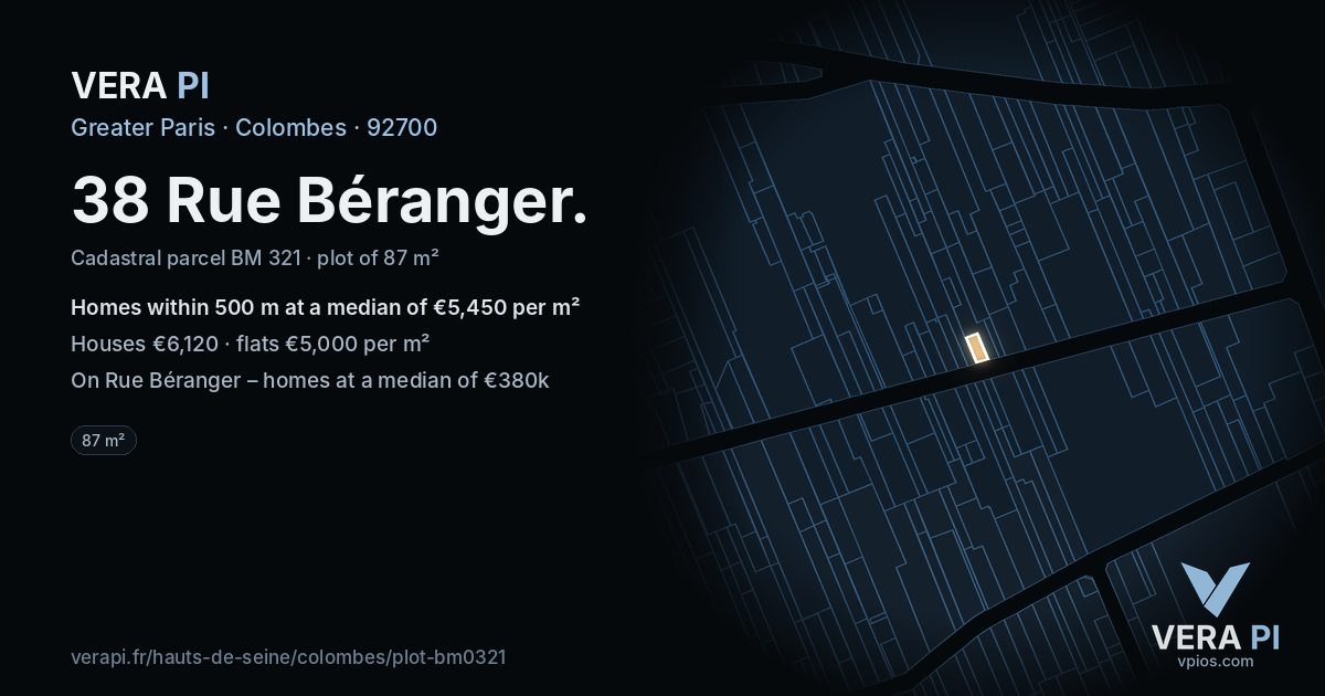 38 Rue Béranger, Colombes at night – the plot lit, the parcels around coloured by the prices near them
