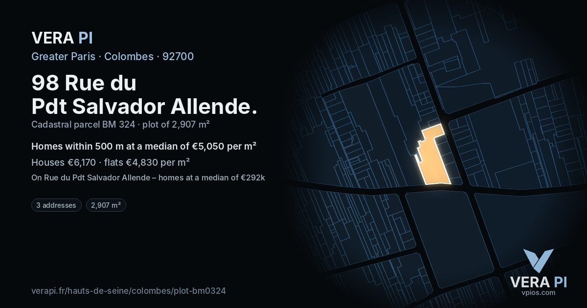98 Rue du Pdt Salvador Allende, Colombes at night – the plot lit, the parcels around coloured by the prices near them