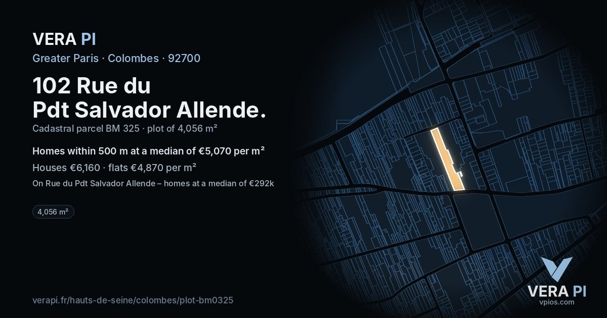 102 Rue du Pdt Salvador Allende, Colombes at night – the plot lit, the parcels around coloured by the prices near them