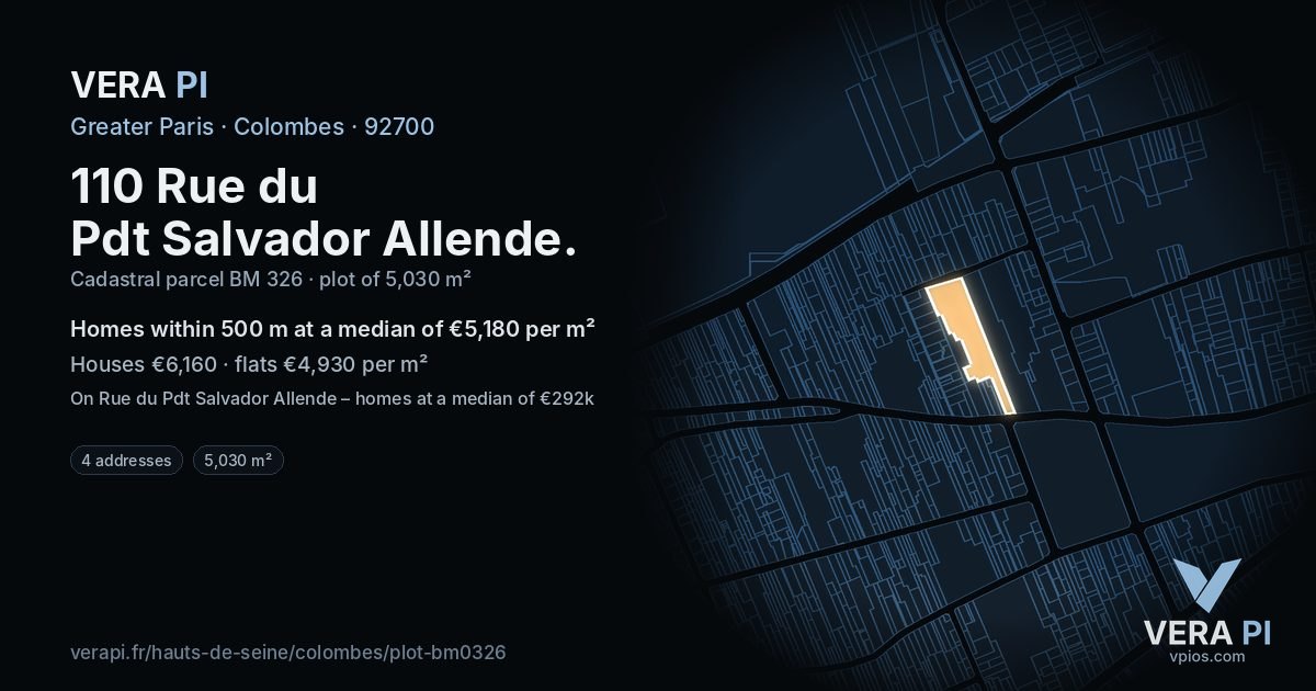 110 Rue du Pdt Salvador Allende, Colombes at night – the plot lit, the parcels around coloured by the prices near them
