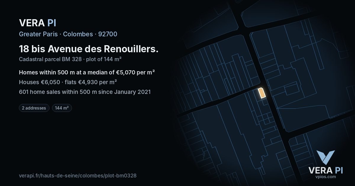 18 bis Avenue des Renouillers, Colombes at night – the plot lit, the parcels around coloured by the prices near them