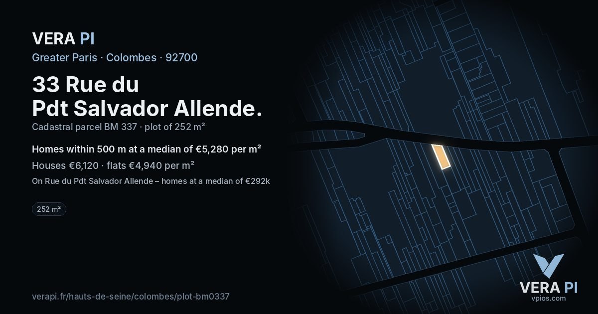 33 Rue du Pdt Salvador Allende, Colombes at night – the plot lit, the parcels around coloured by the prices near them