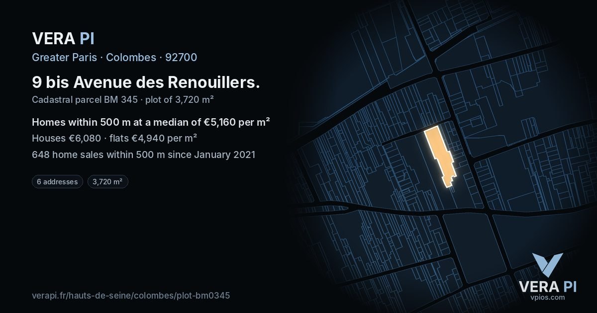 9 bis Avenue des Renouillers, Colombes at night – the plot lit, the parcels around coloured by the prices near them