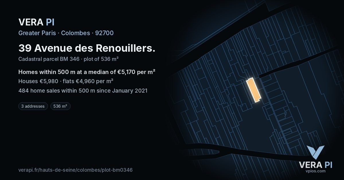 39 Avenue des Renouillers, Colombes at night – the plot lit, the parcels around coloured by the prices near them
