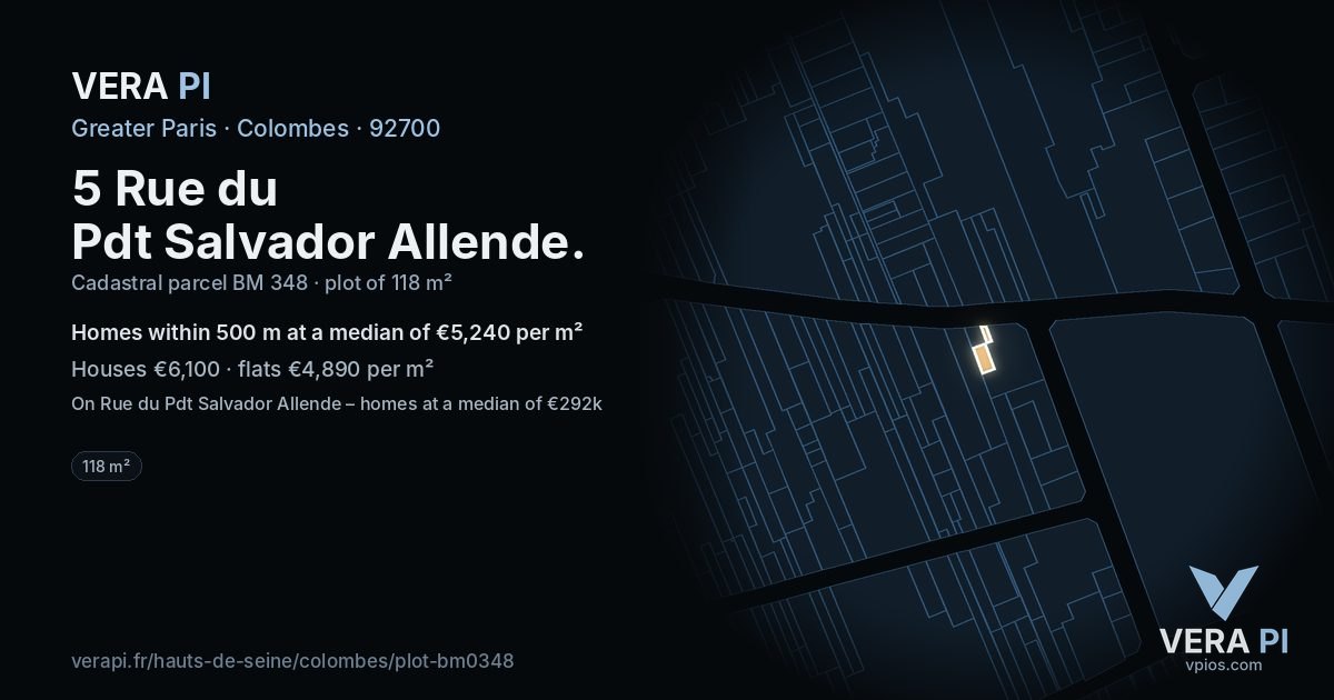 5 Rue du Pdt Salvador Allende, Colombes at night – the plot lit, the parcels around coloured by the prices near them