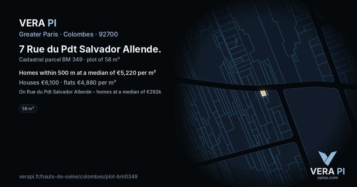 7 Rue du Pdt Salvador Allende, Colombes at night – the plot lit, the parcels around coloured by the prices near them