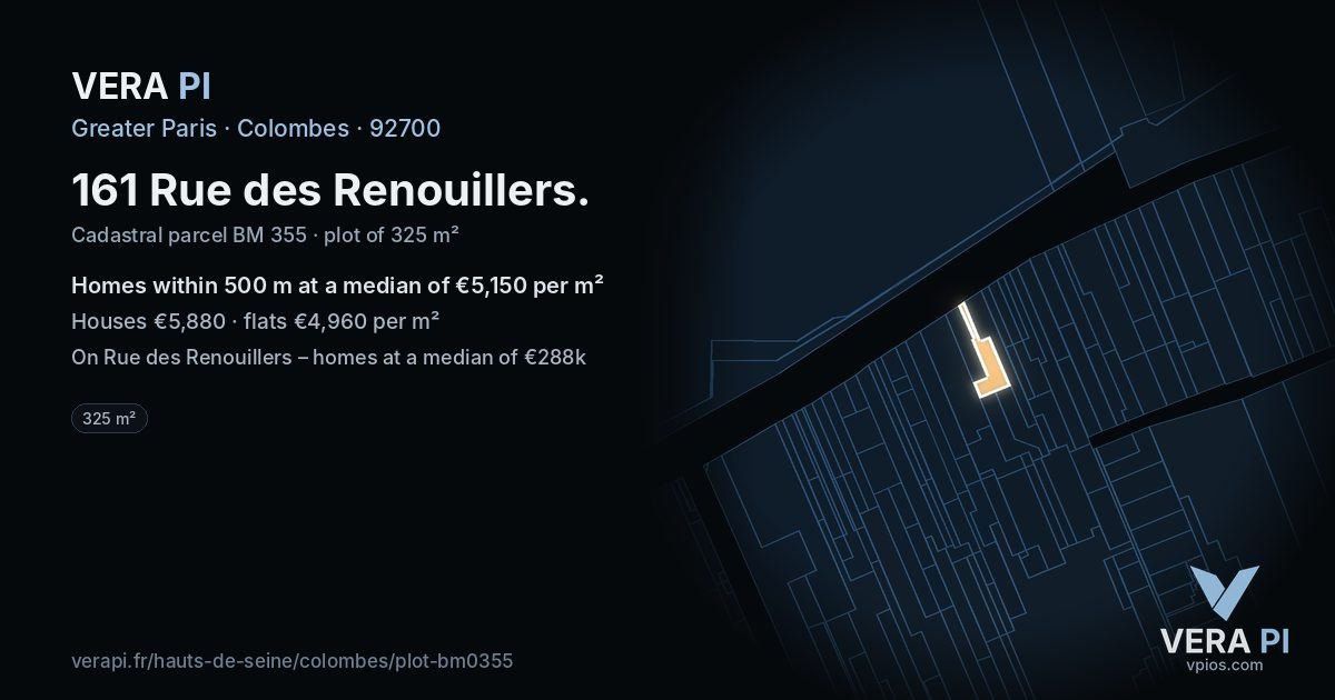 161 Rue des Renouillers, Colombes at night – the plot lit, the parcels around coloured by the prices near them