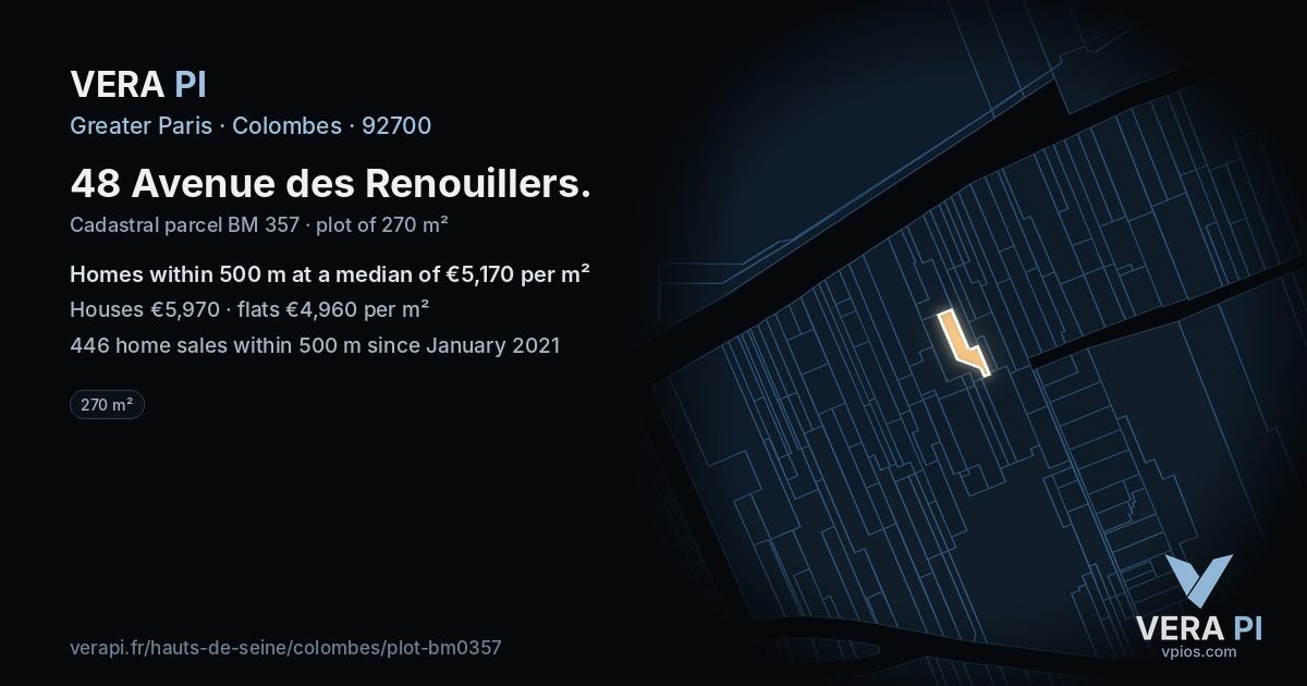 48 Avenue des Renouillers, Colombes at night – the plot lit, the parcels around coloured by the prices near them