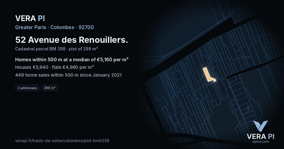 52 Avenue des Renouillers, Colombes at night – the plot lit, the parcels around coloured by the prices near them