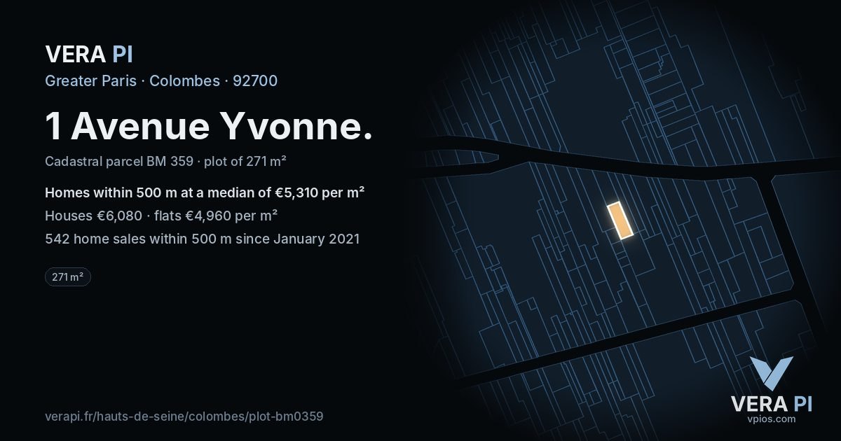 1 Avenue Yvonne, Colombes at night – the plot lit, the parcels around coloured by the prices near them