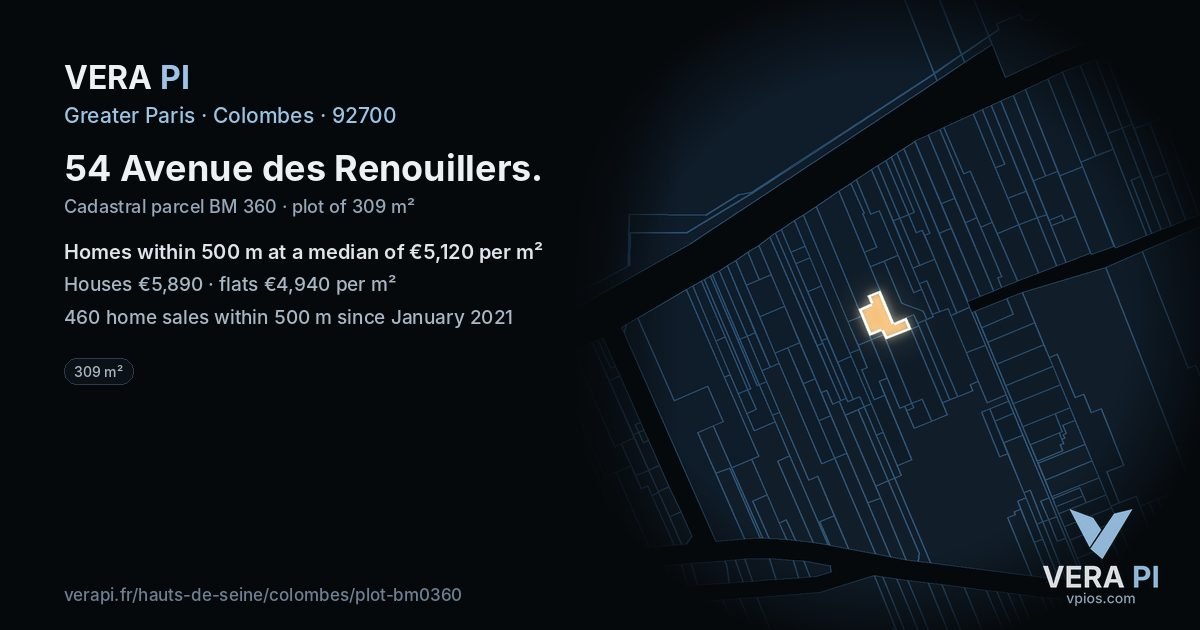 54 Avenue des Renouillers, Colombes at night – the plot lit, the parcels around coloured by the prices near them