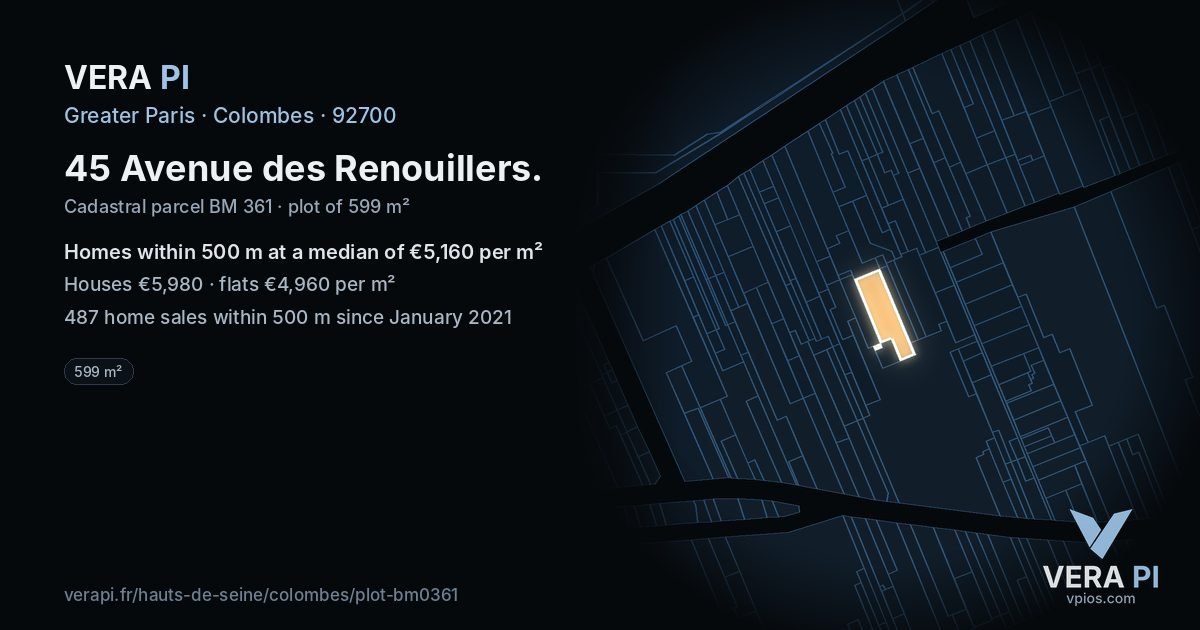 45 Avenue des Renouillers, Colombes at night – the plot lit, the parcels around coloured by the prices near them