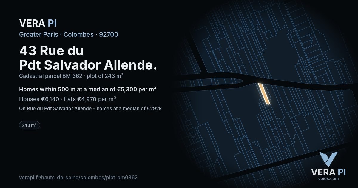 43 Rue du Pdt Salvador Allende, Colombes at night – the plot lit, the parcels around coloured by the prices near them