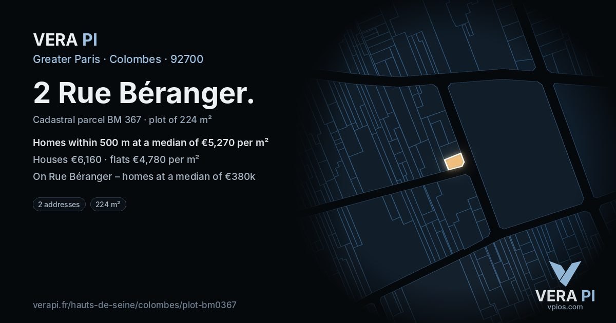 2 Rue Béranger, Colombes at night – the plot lit, the parcels around coloured by the prices near them