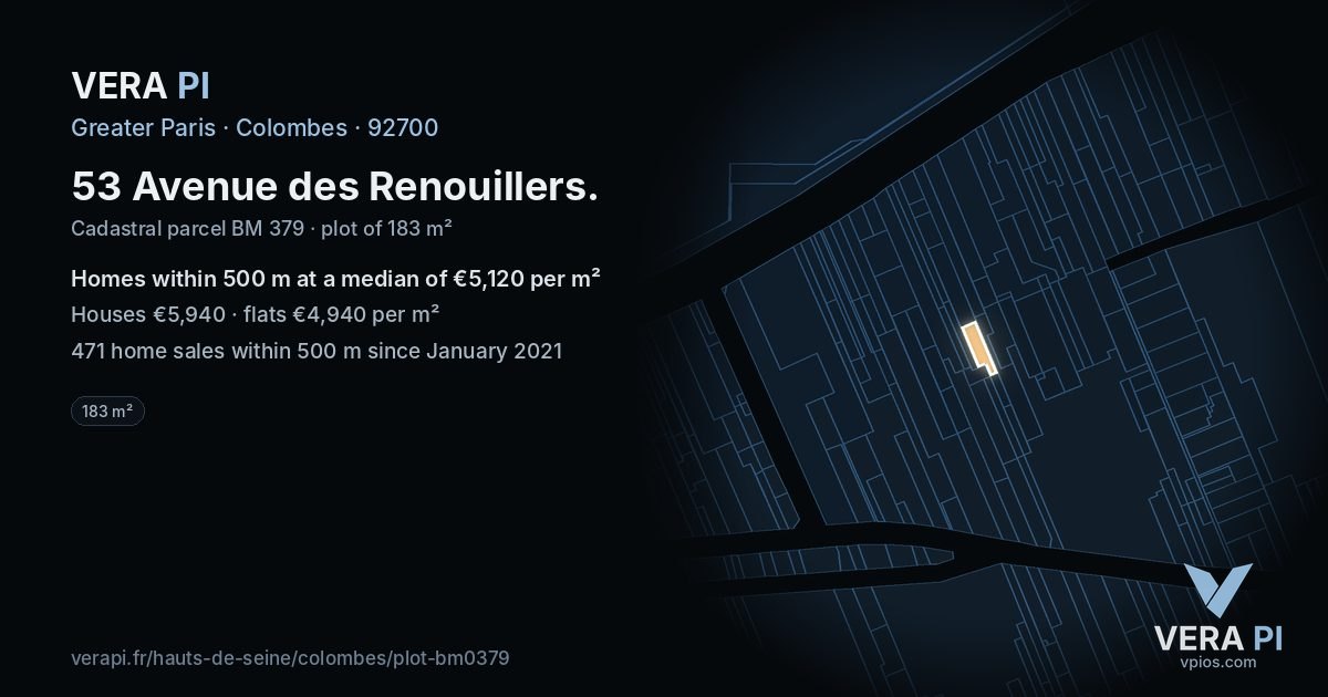 53 Avenue des Renouillers, Colombes at night – the plot lit, the parcels around coloured by the prices near them
