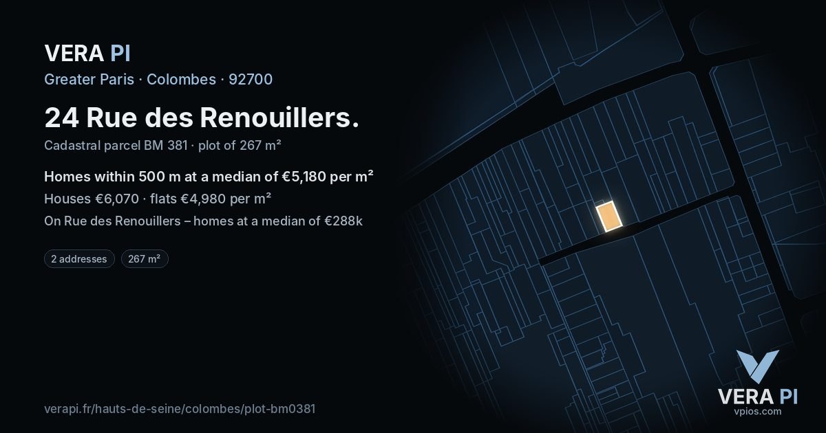 24 Rue des Renouillers, Colombes at night – the plot lit, the parcels around coloured by the prices near them