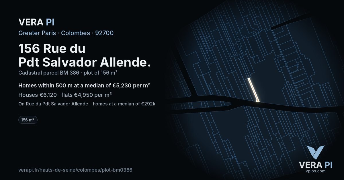 156 Rue du Pdt Salvador Allende, Colombes at night – the plot lit, the parcels around coloured by the prices near them