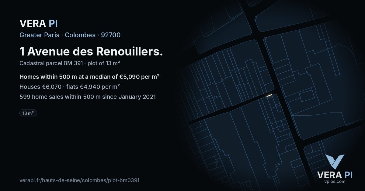 1 Avenue des Renouillers, Colombes at night – the plot lit, the parcels around coloured by the prices near them