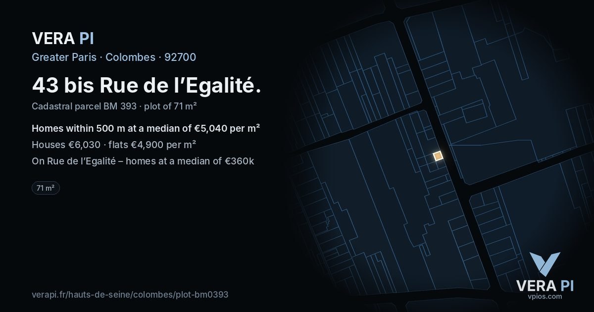 43 bis Rue de l’Egalité, Colombes at night – the plot lit, the parcels around coloured by the prices near them