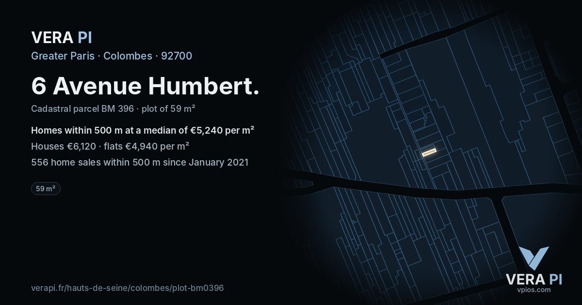 6 Avenue Humbert, Colombes at night – the plot lit, the parcels around coloured by the prices near them