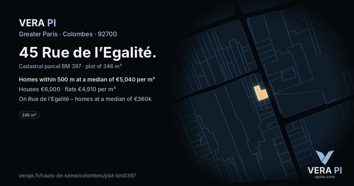 45 Rue de l’Egalité, Colombes at night – the plot lit, the parcels around coloured by the prices near them
