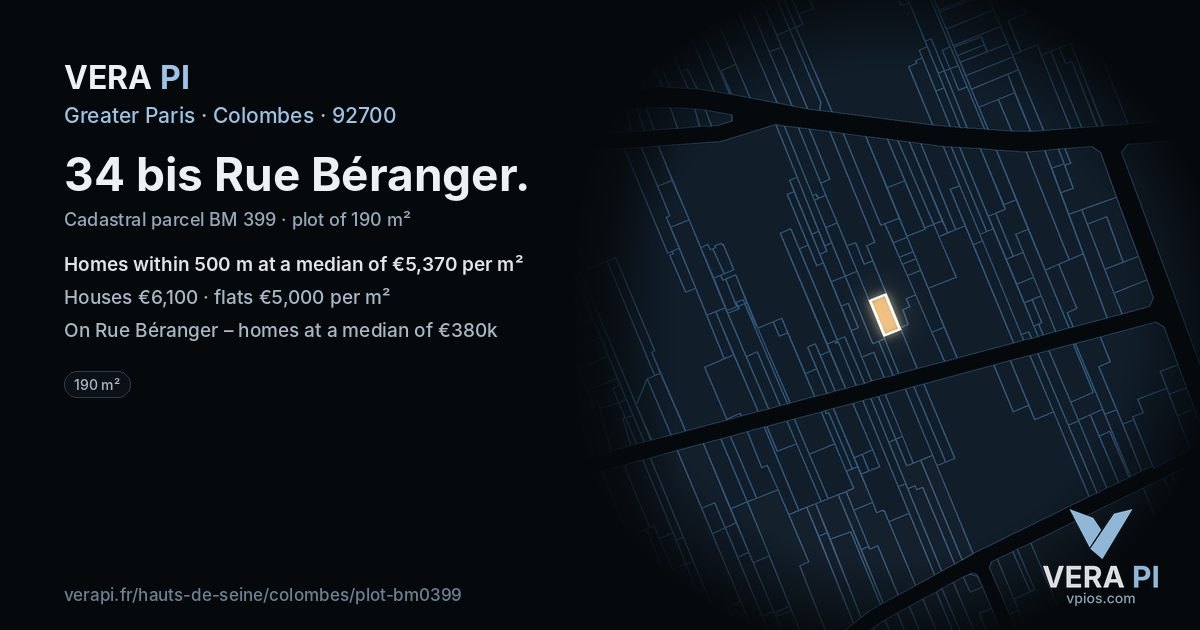 34 bis Rue Béranger, Colombes at night – the plot lit, the parcels around coloured by the prices near them