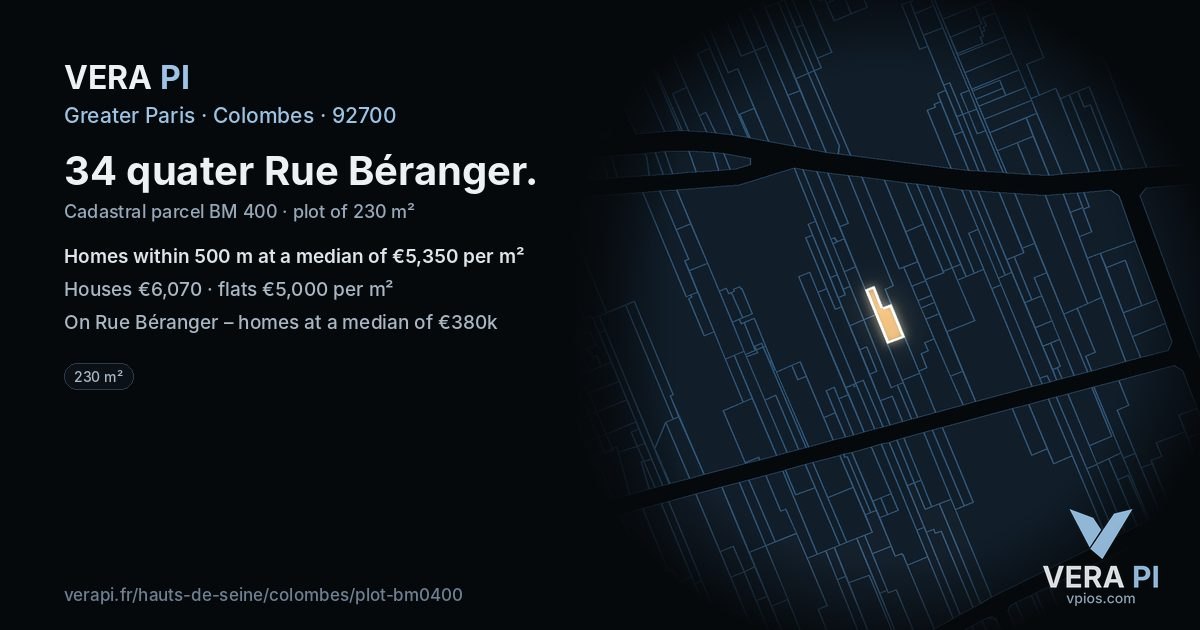34 quater Rue Béranger, Colombes at night – the plot lit, the parcels around coloured by the prices near them