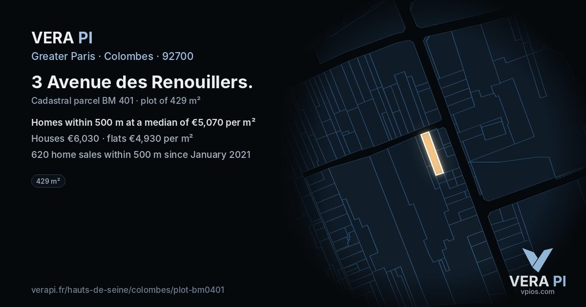 3 Avenue des Renouillers, Colombes at night – the plot lit, the parcels around coloured by the prices near them