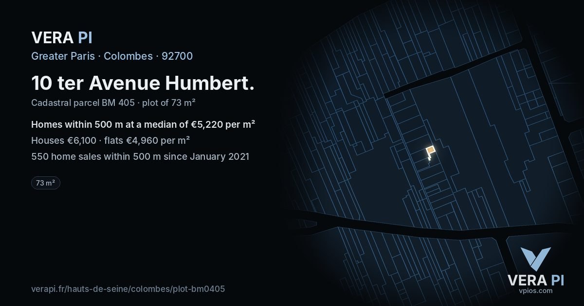 10 ter Avenue Humbert, Colombes at night – the plot lit, the parcels around coloured by the prices near them