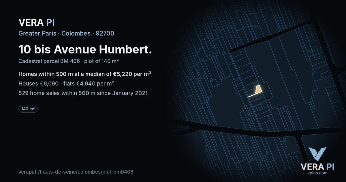 10 bis Avenue Humbert, Colombes at night – the plot lit, the parcels around coloured by the prices near them