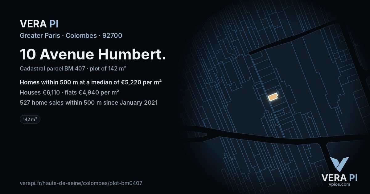 10 Avenue Humbert, Colombes at night – the plot lit, the parcels around coloured by the prices near them