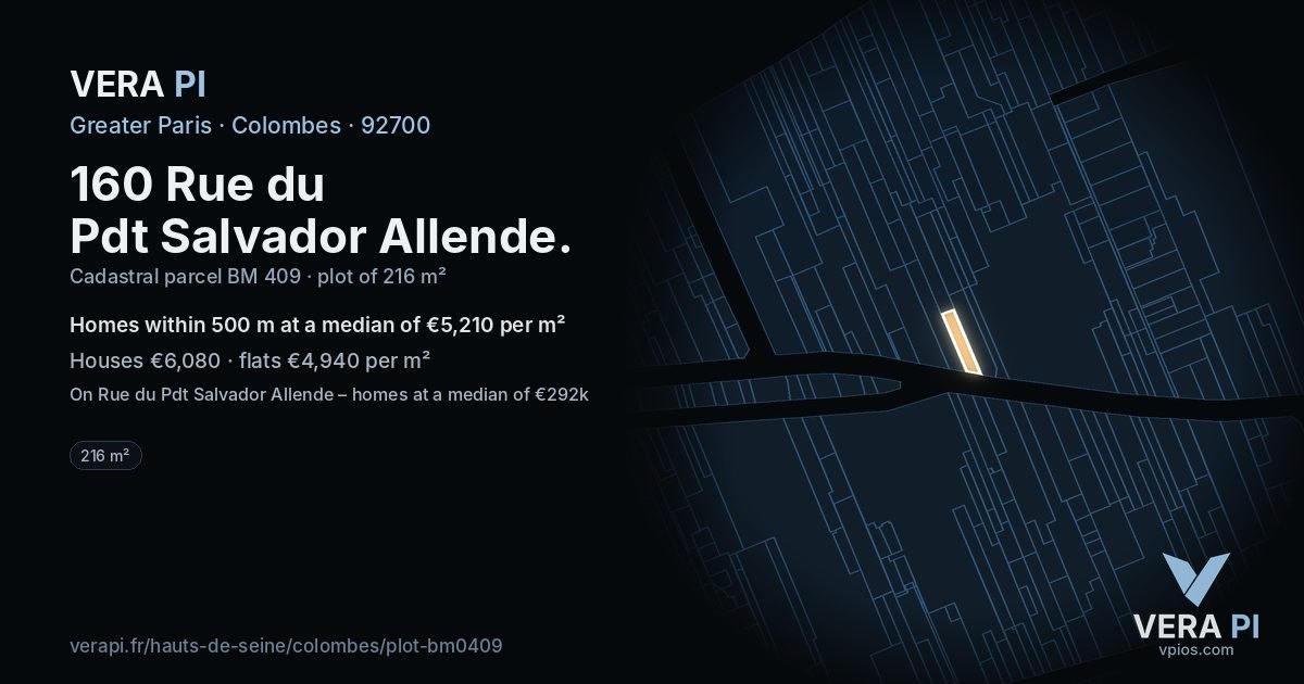 160 Rue du Pdt Salvador Allende, Colombes at night – the plot lit, the parcels around coloured by the prices near them